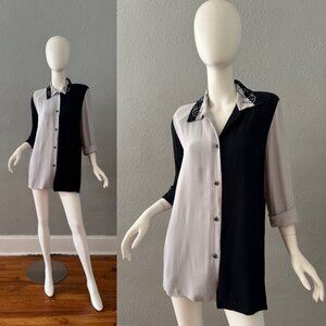 Vintage 80s Black Gray Colorblock Button Shirt Top Blouse M/L